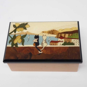Inlaided music box with cats, lemons and Vesuvious