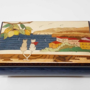Inlaided music box with cats, lemons and Sorrento view